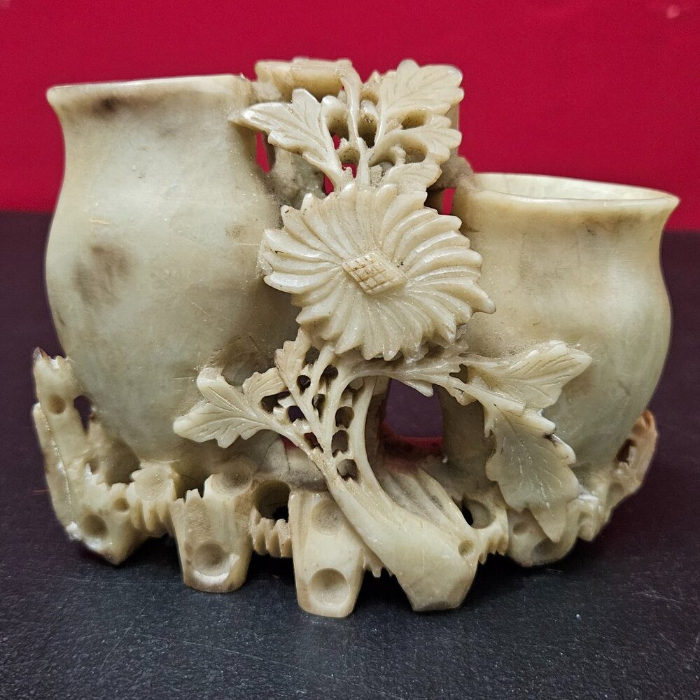 Vintage Soapstone Carving with 2 Vases and Intricate Flower Detail